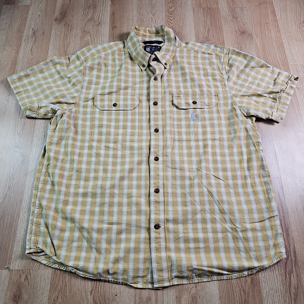 Carhartt Mens XL Loose Fit Short‎ Sleeve Button Down Outdoor Shirt Yellow Plaid